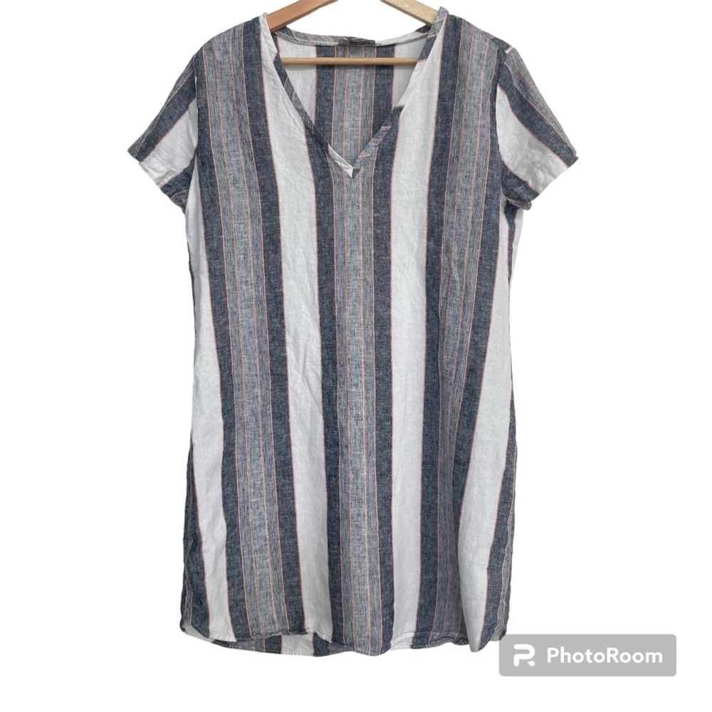Loft Womens Linen Blend Mini Dress Striped Size S Gray V Neck Short Sleeve